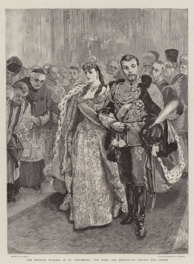 La boda imperial en San Petersburgo, la novia y el novio saliendo de la capilla de William Small